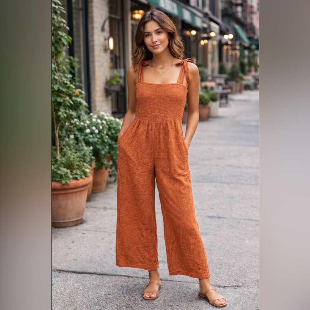 Madewell Burnt Rust Orange‎ Light Spun Lucie Flutter Sleeve Smocked Jumpsuit